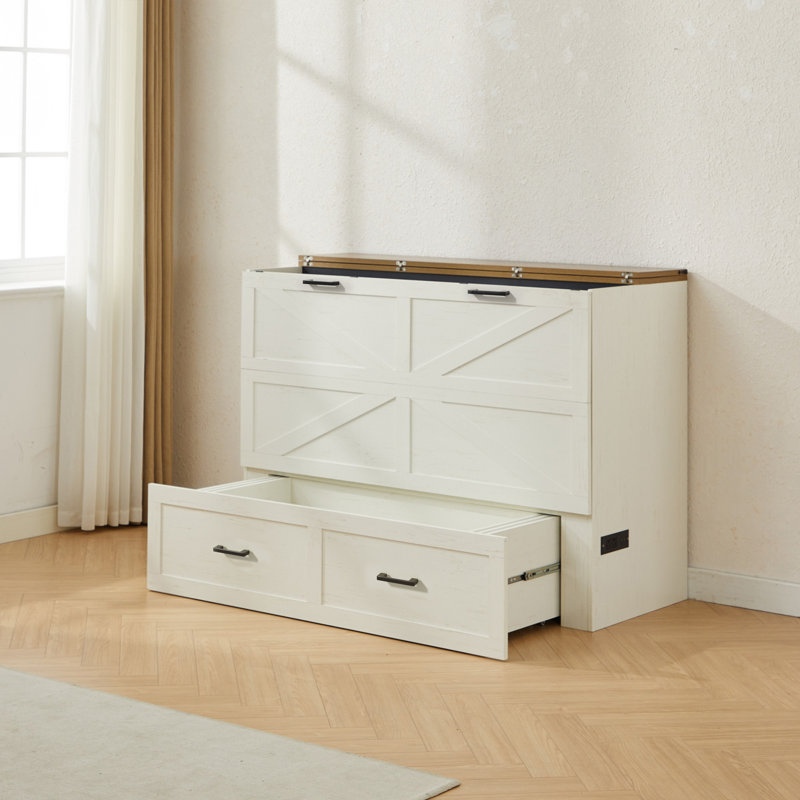 Farmhouse Queen Murphy Bed with Large Storage Drawer & Charging Station, White, Queen, White