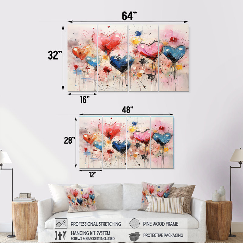 Rose et bleu cœur Pop Art I - Pop Art, décoration murale 4 pièces, H 28 po x l 48 po