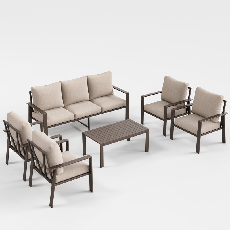  7-Person Outdoor Patio Furniture Set – Rust-Resistant Aluminum Frame, Deep Seating Weatherproof Cushions, Beige, No
