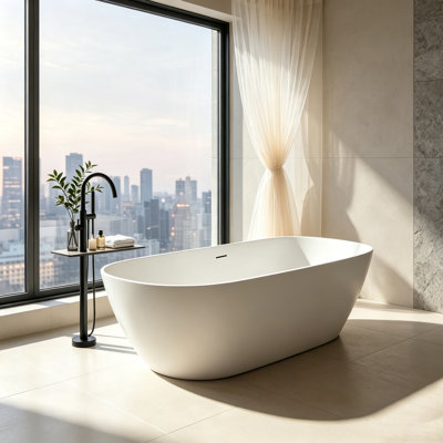 Baignoire de trempage autoportante blanche à surface solide 67 "x 28" avec trop-plein et bonde escamotable pour salle de bain MonBlari