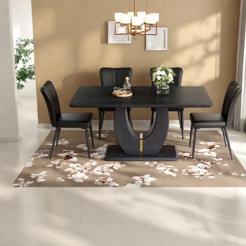 Ensembles de table de salle à manger en MDF noir moderne, table de 63 po avec 4 chaises en polyuréthane pour la cuisine et la salle à manger