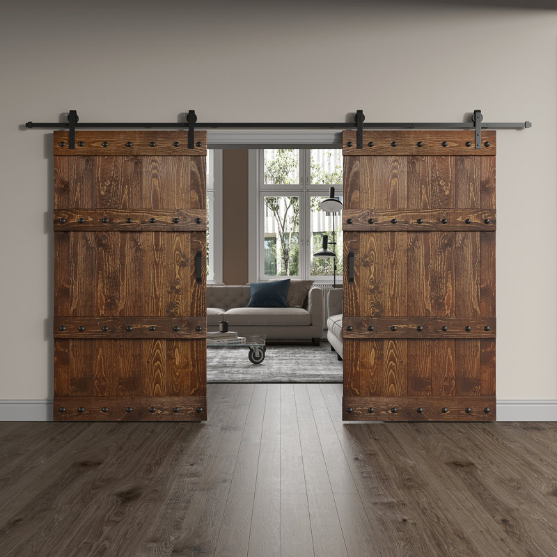 Castle Series Pine Wood Double Sliding Barn Door with Hardware Kit, Dark Walnut, 60" x 84"