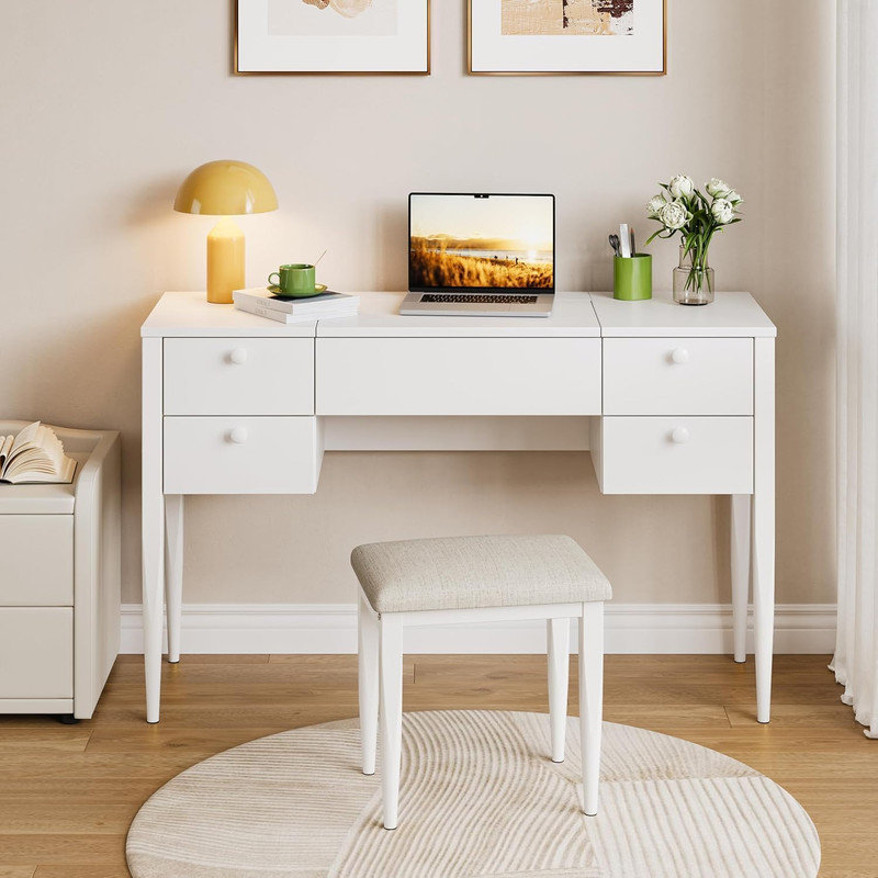 Meuble-lavabo de maquillage avec miroir à lumière DEL et tabouret - conception à plateau rabattable 3 en 1 avec 6 tiroirs de rangement et éclairage réglable, blanc