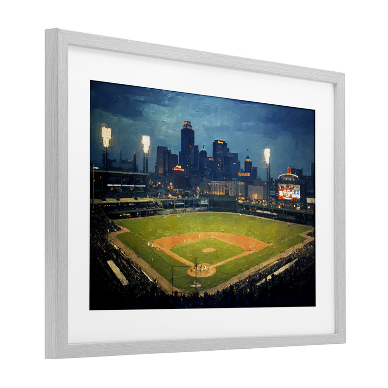 Baseball Stadium at Night, reproduction d'art sous verre, design par Arlington Prints, Cadre de ferme gris, H 14 po x l 20 po