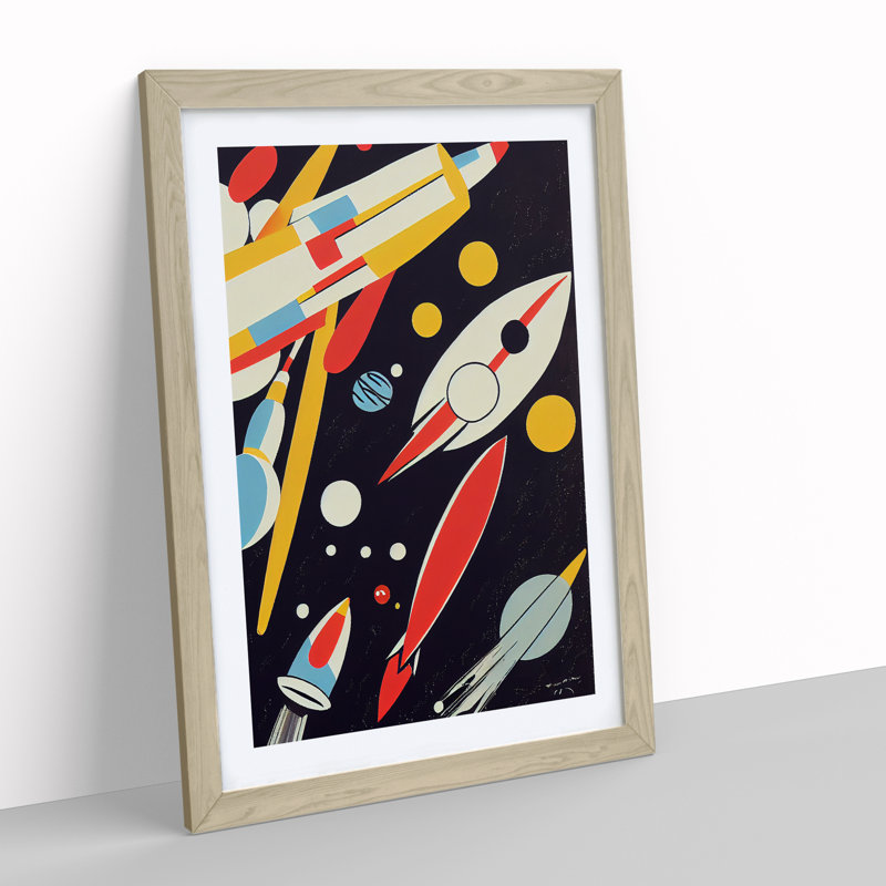 Abstract Spaceship Rocket No.3 - Single Picture Frame Painting, Oak Framed, 34cm H x 25cm W x 2cm D