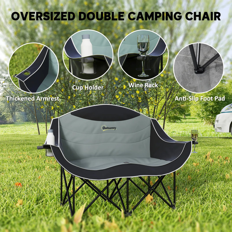 Padded Folding Camping Loveseat For Two - Double Camp Chair With Armrests, Cup Holders & Carry Bag, 600d Oxford Fabric, Supports 551 Lbs For Outdoor, Patio & Backpacking