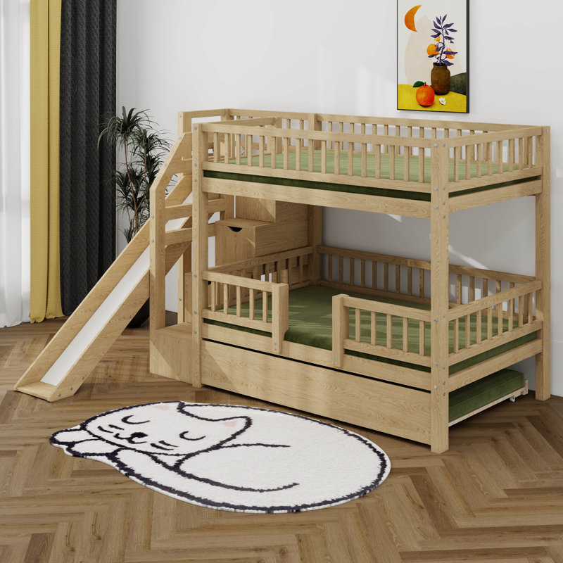 Lit superposé avec glissière, lit gigogne et escalier de rangement, lit superposé en bois massif compact, Walnut
