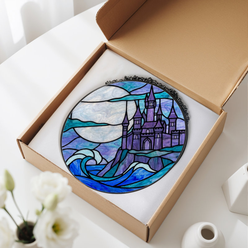7.8"H Castle Moon Stained Glass Window Panel, 7.8" H x 7.8" W