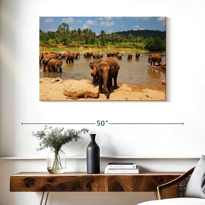 Brampt River Bathing Elephants, H 26 po x l 39 po