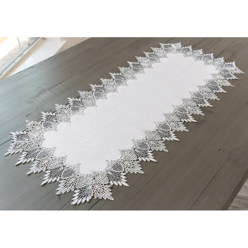 Lace Runner Earth Tone Silver Lace On White Jacquard Table Runner, 16" x 35"
