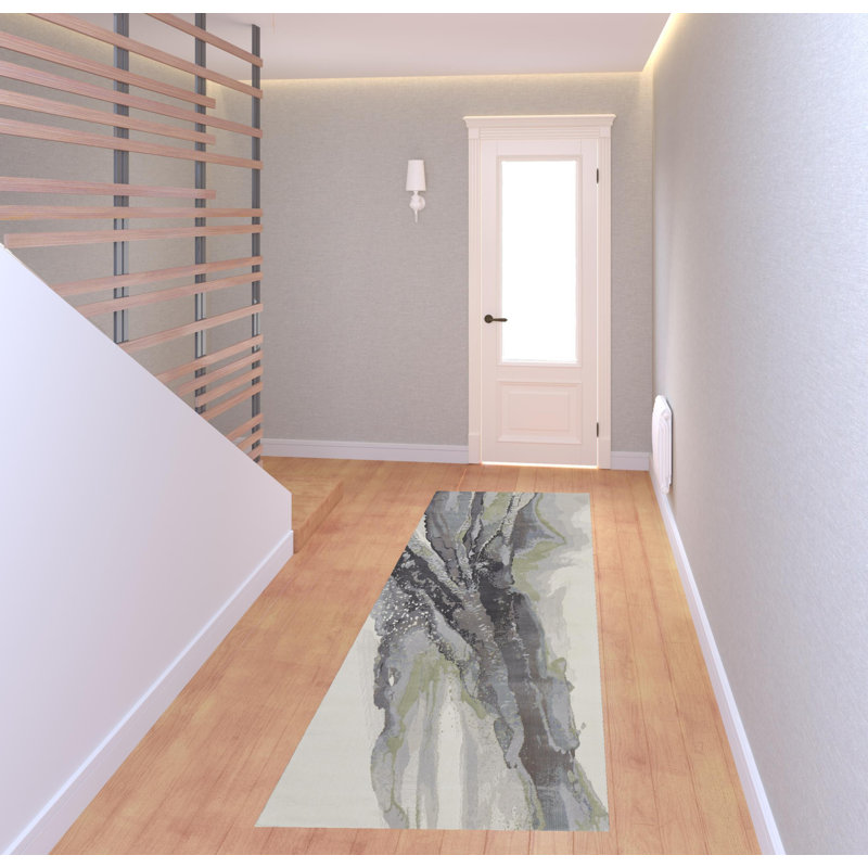 Tapis de couloir vert, mauve et ivoire