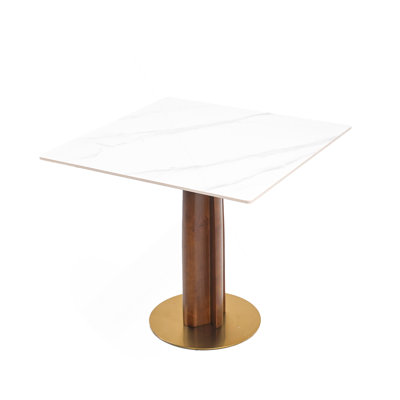 Modern Square Dining Table, 33.5" Sintered Stone Table With Wooden Leg & Gold Base, 2 - Person Kitchen Table For Small Space, 150Lbs Weight Capacity
