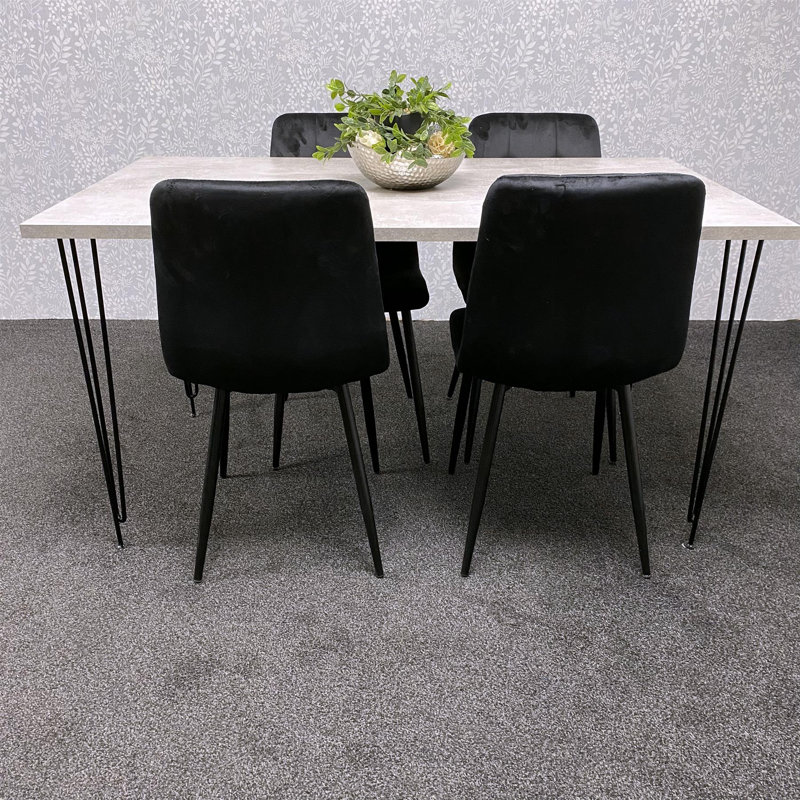 Dining Table with Hairpin Legs & 4 Velvet Chairs Set for Kitchen & Dining Room, Black , 75cmH x 140cmL x 80cmW
