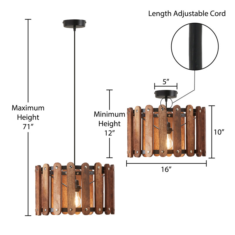 16"W 1-Light Nilsen Metal and Wood Pendant Light