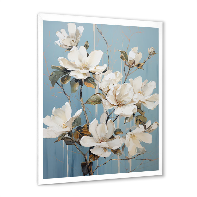 «Elegant White and Blue Magnolias Tranquility VII», reproduction sur toile, Cadre simple blanc, H 44 po x l 34 po x P 1,5 po