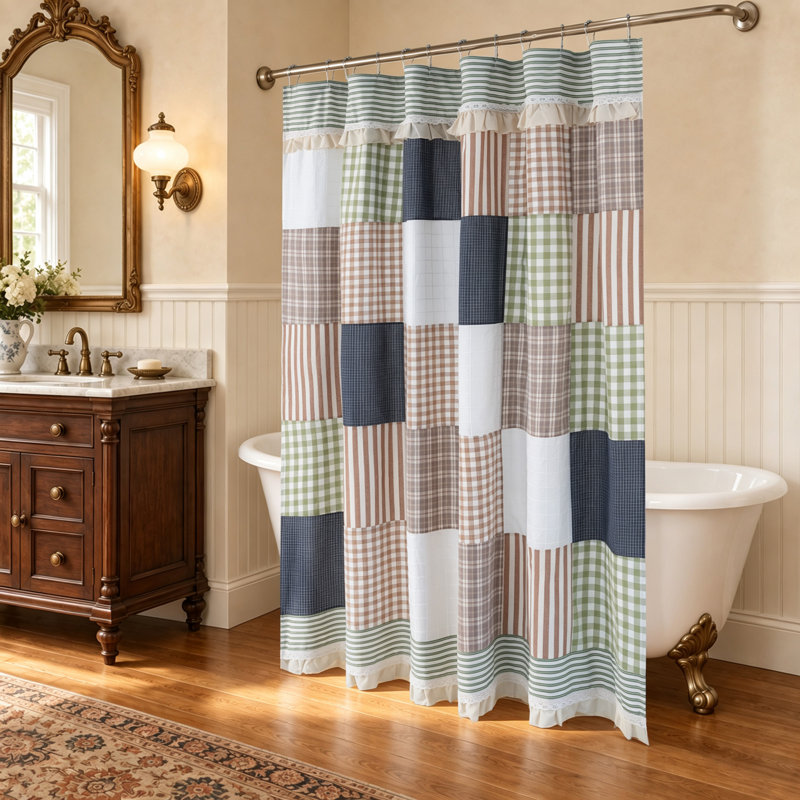 Rideau de douche en coton à boutons, Navy Blue Patchwork