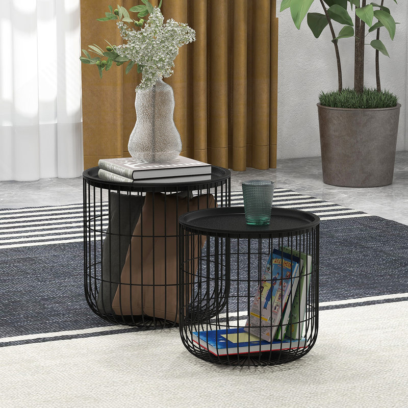 Tables basses gigognes, ensemble de 2 tables basses rondes avec panier en acier