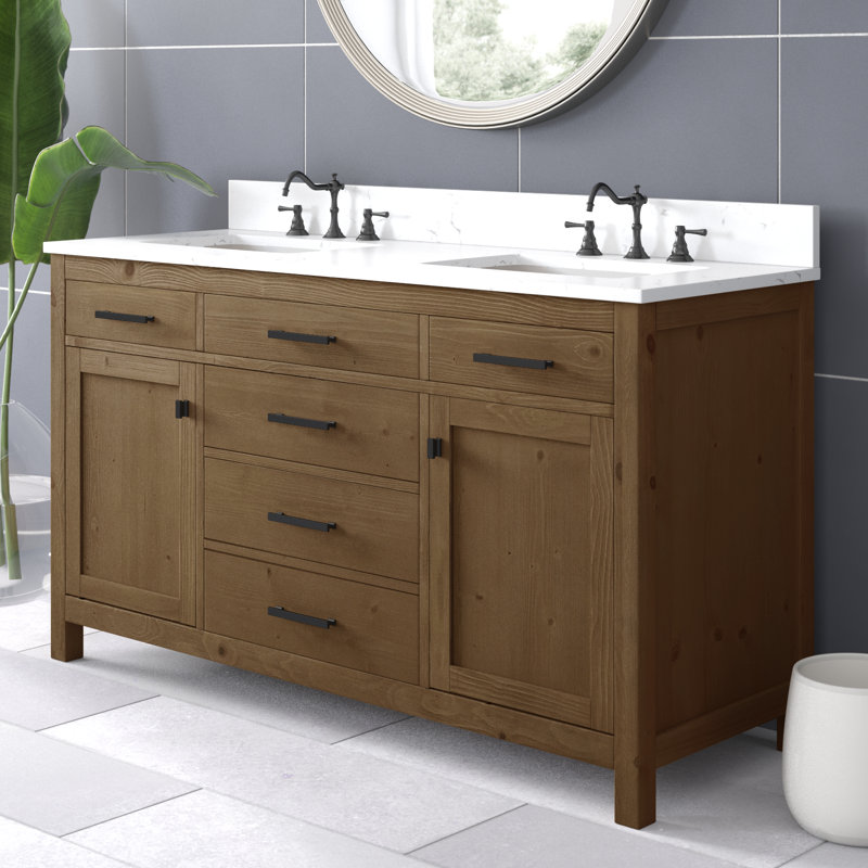 Meuble-lavabo double 60 po Ajiya, Naturel texturé / noir mat, Blanc de Carrare