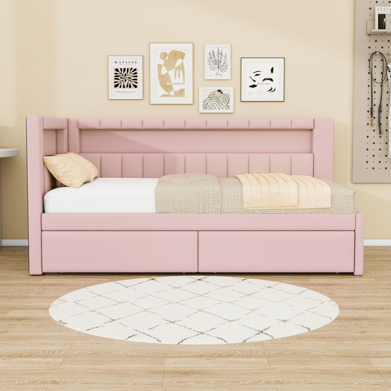 Twin Wooden Upholstered Daybed Bed with Storage Drawers, LED Lights and USB Ports, Pink