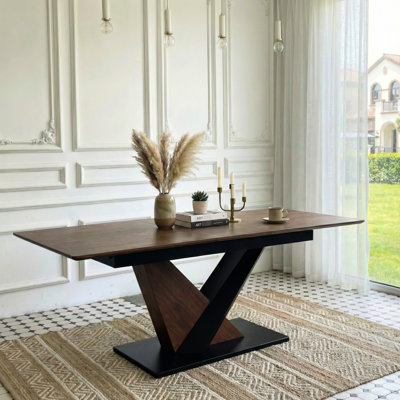 Extendable Rectangular Table For Kitchen Decorating, Tabletop, Metal Cross Legs, Dark Walnut Contemporary Dining Table, Scratch-, + Wood Veneer, Arrangement