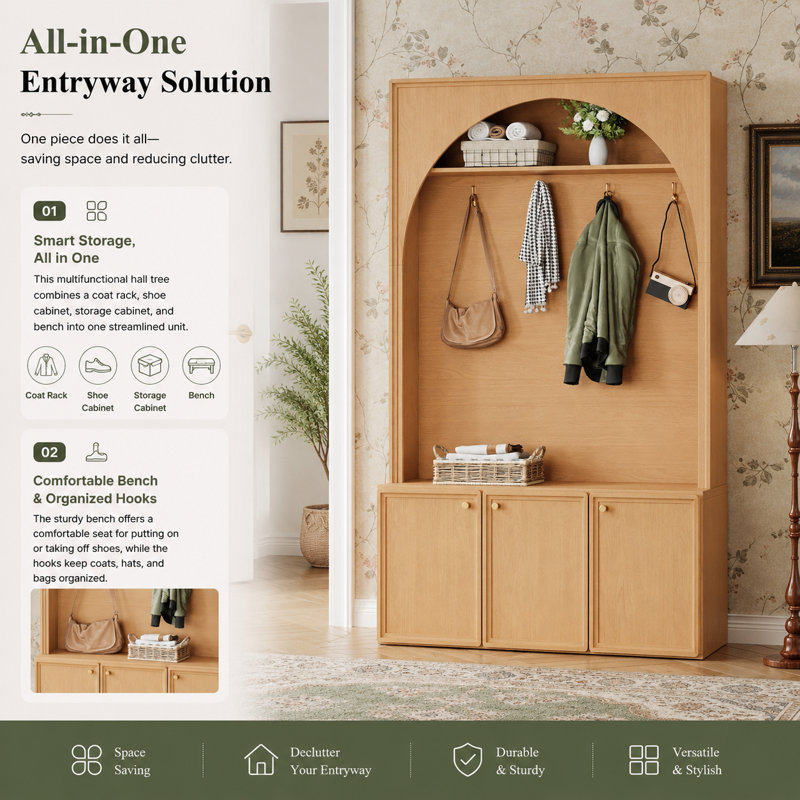 Farmhouse Hall Tree With Bench & Shoe Storage, Natural