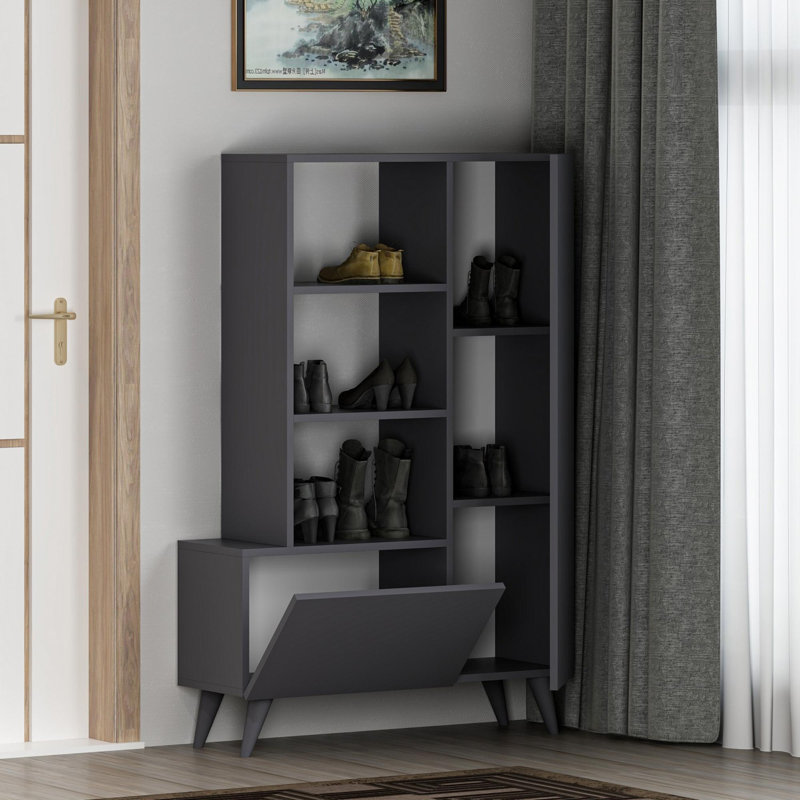 Armoire à chaussures moderne anthracite 100% mélamine, panneau de particules, 31,5 x 47,6 x 12,4 pouces | Plusieurs tablettes pour un rangement supplémentaire | Conception élégante et fonctionnelle pour l'organisation de vestibules et de garde-robe