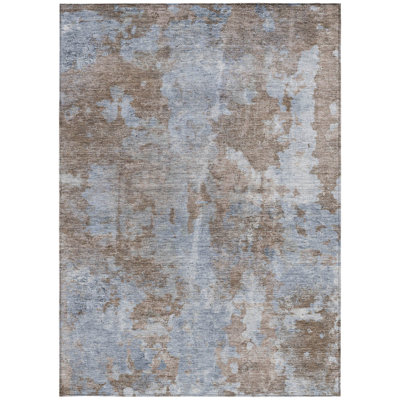 8' X 10' Mocha and Blue Abstract Washable Non Skid Indoor Outdoor Area Rug