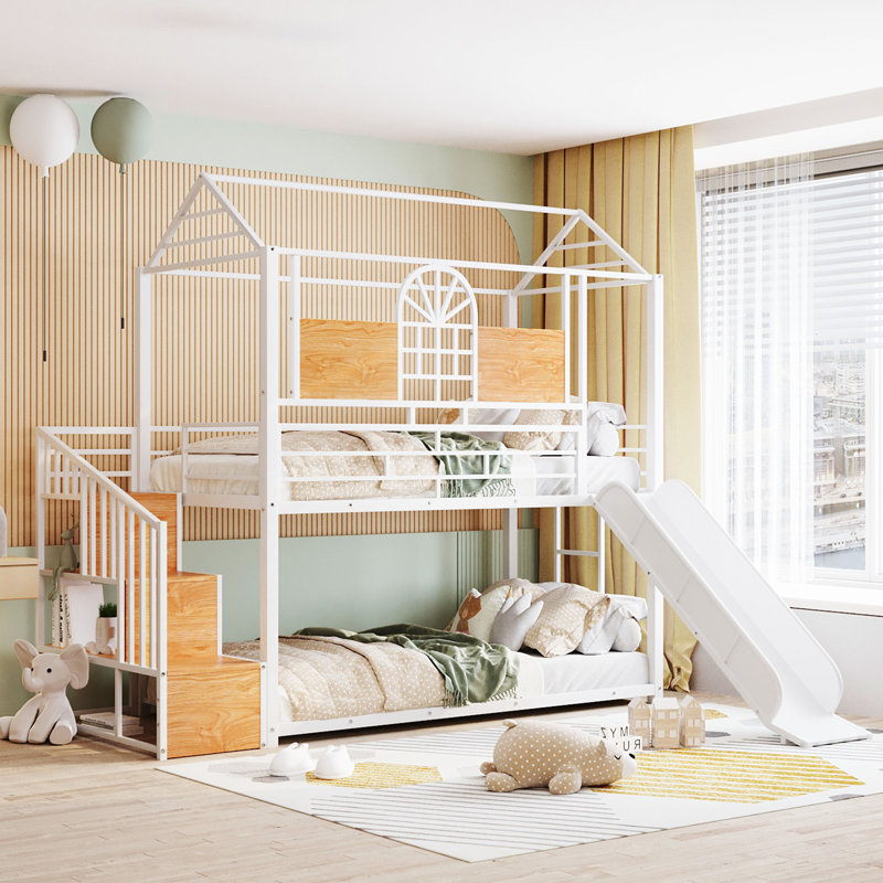 Allegonde Kids Twin Over Twin Bunk Bed, White/Natral