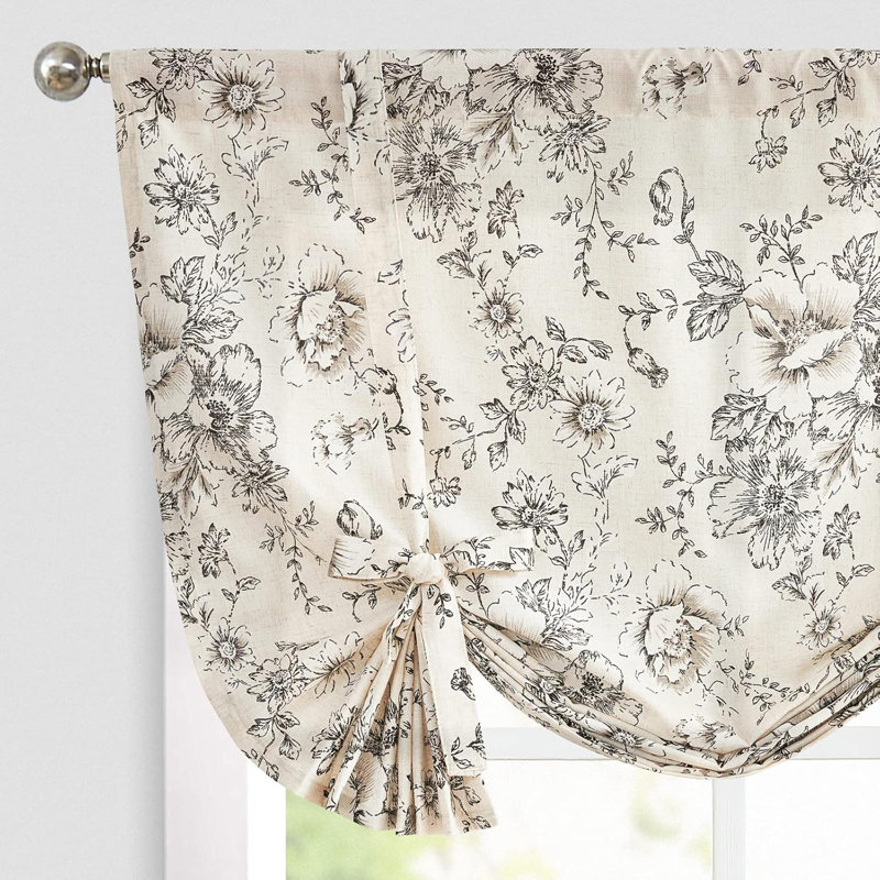 Floral Linen Tie Up Shade Valance, Black, 42" W x 45" L