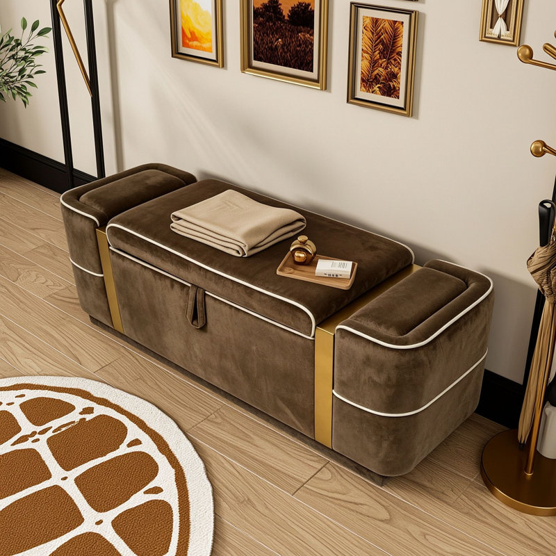 Banc ottoman de rangement rembourré avec compartiment caché avec couvercle relevable et accents métalliques dorés, Brun