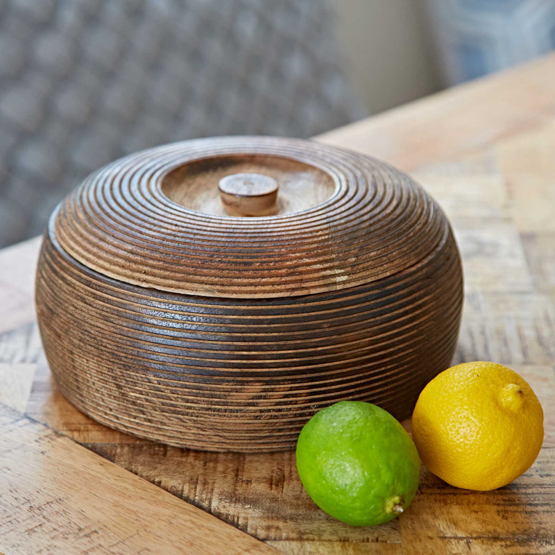 Makula Natural Mango Wood Bowl with Lid, 9cm H x 21cm W x 21cm D