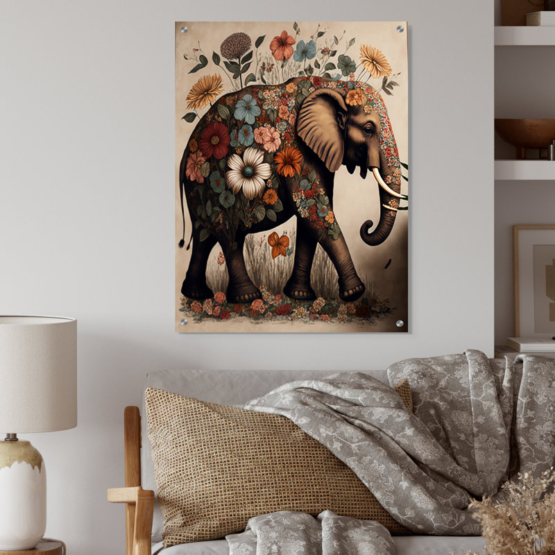 Éléphant rétro entouré de fleurs II - Éléphant, décoration murale en acrylique, H 32 po x l 16 po