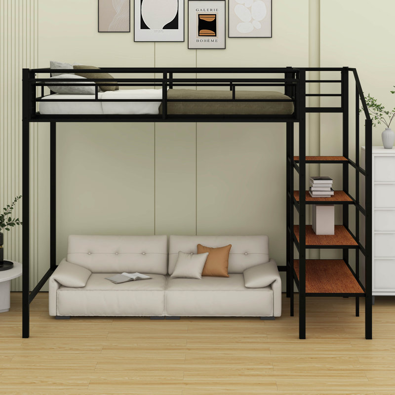 Twin Size Metal Loft Bed – Upper Grid Storage Shelf & Lateral Storage Ladder, Black