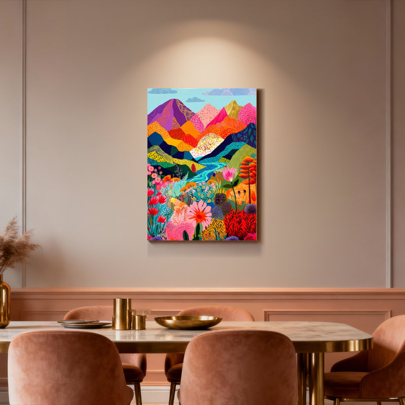 Tableau sur toile représentant un paysage de montagne coloré avec des fleurs et une rivière (lot de 1), H 36 po x l 24 po