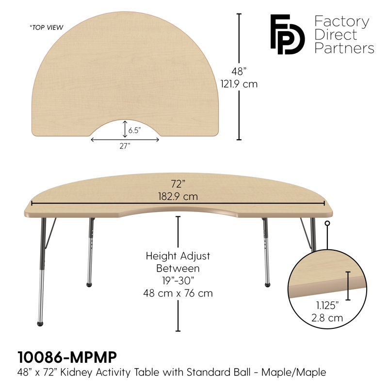 Table d'activité 48 "x 72" avec moulures en T et pieds réglables, Érable / érable / noir, Standard Ball Glide