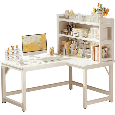 L-shaped Computer Desk With Open Storage Shelves & Pegboard, Modern Corner Office Desk