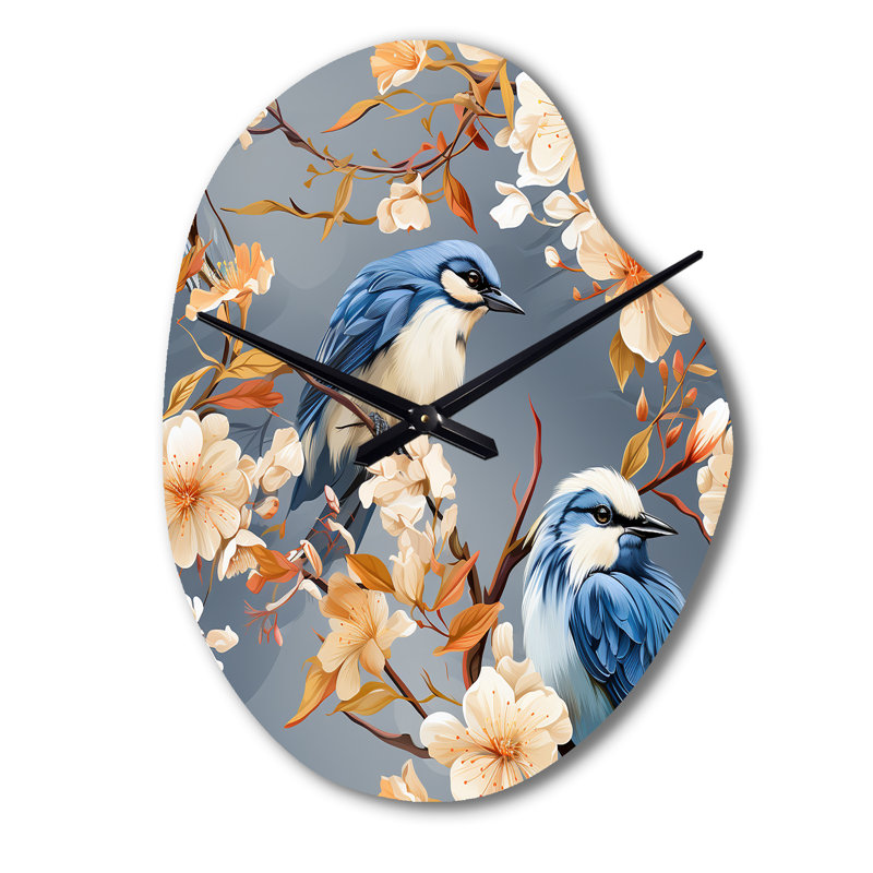 Oiseau blanc et bleu floral Serenade I - horloge murale en forme de fleur unique, Petit