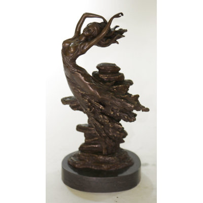 Elegant Bronze Sculpture Of A Woman Embracing The Wind  Flowing Gown Statue On Rock Base