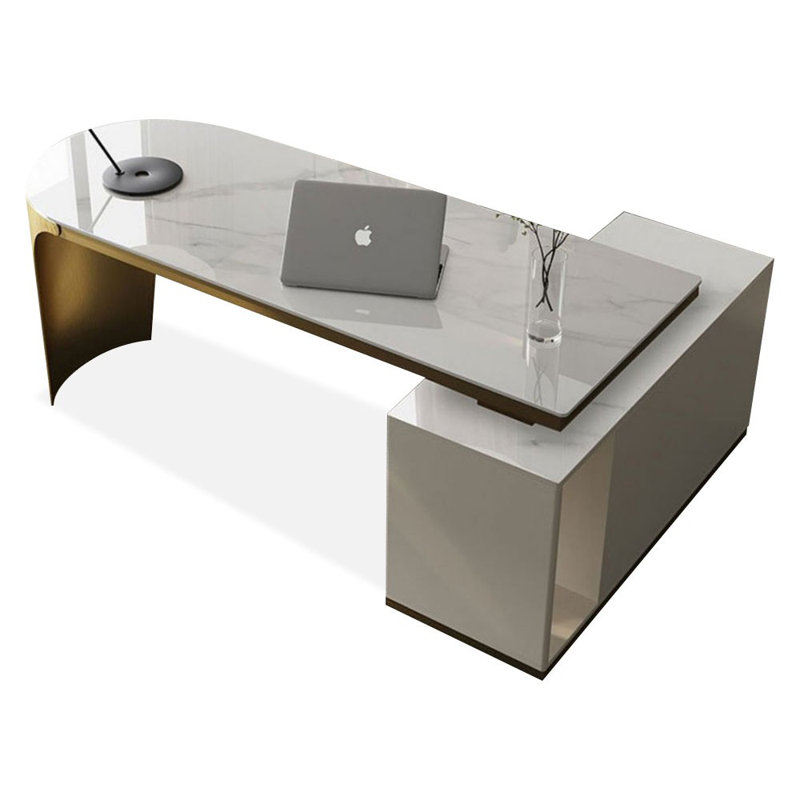 Bureau rectangulaire en pierre + bois manufacturé + acier inoxydable avec 3 tiroirs, H 29,53 po x l 70,87 po x P 27,56 po