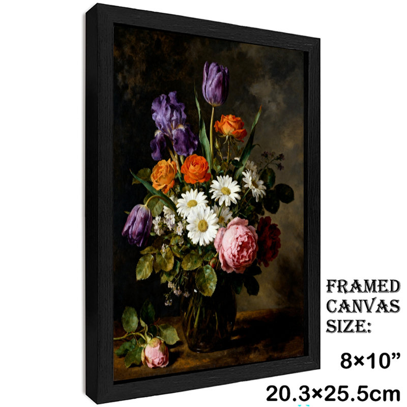 Reproduction encadrée noire rétro de diverses fleurs dans un vase, impressions sur toile de style rétro, H 11 po x l 9 po