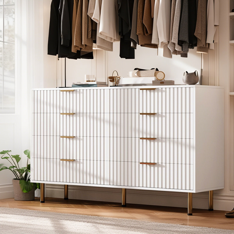  Commode 8 tiroirs de 54 po de largeur, conception cannelée moderne, grande commode double pour chambre à coucher, rangement dans le salon, organisateur de console de télévision