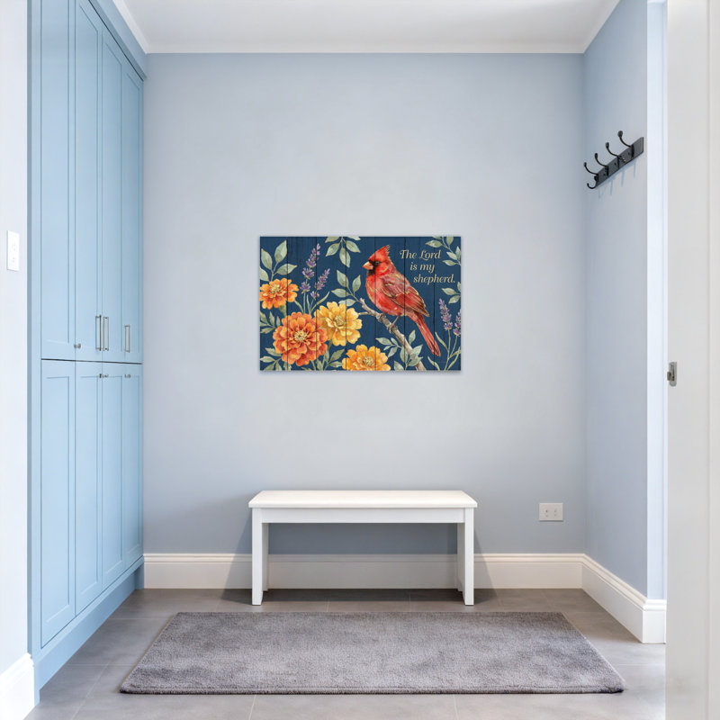 Texte et chiffres, motif floral cardinal sur bois, H 24 po x l 36 po