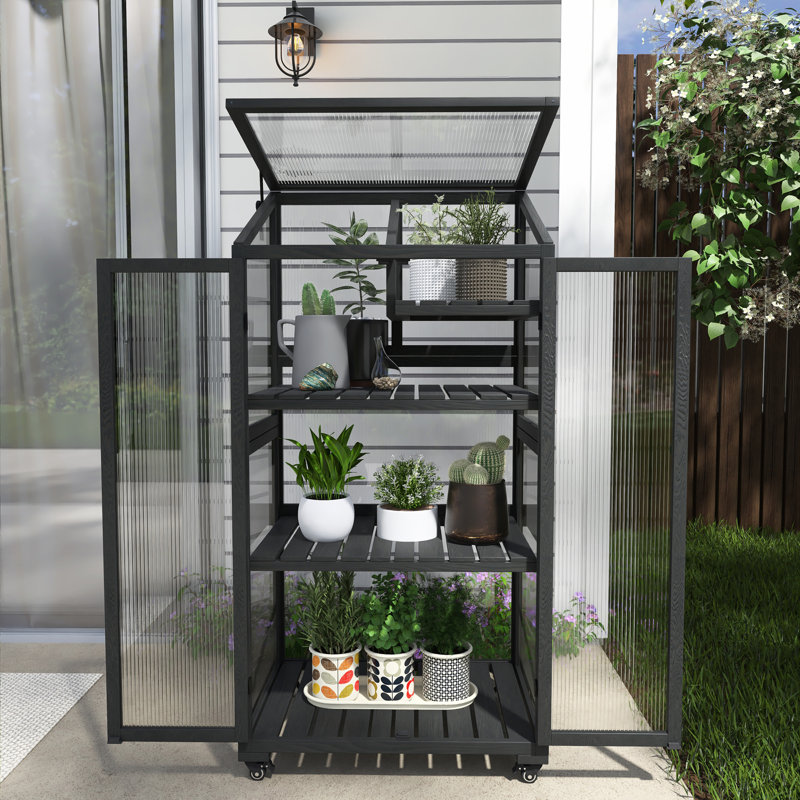 31.5" W X 22.4" D 4-Tier Wooden Greenhouse With Wheels, Black