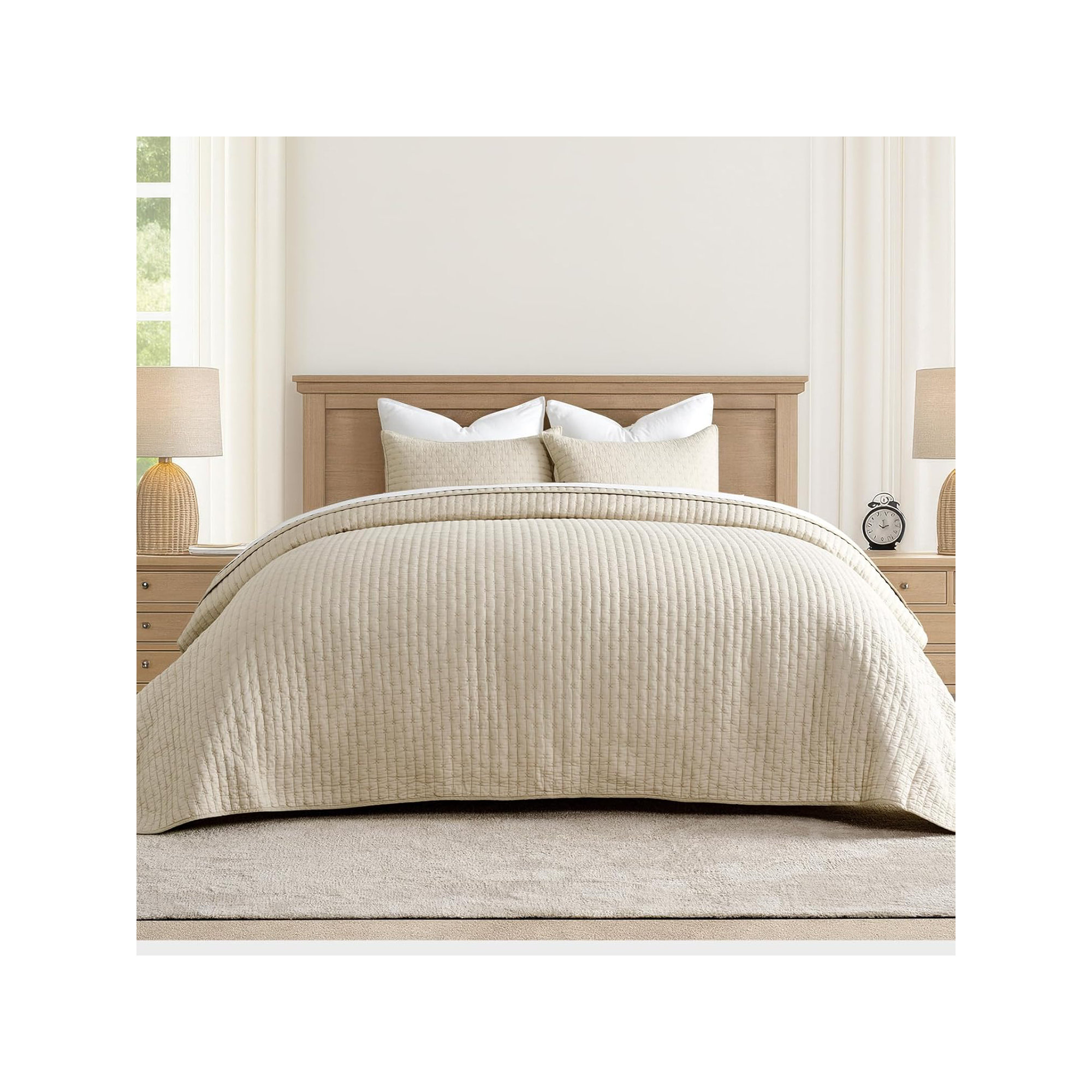 Cross Stitch Cotton Quilt set, Oversized CalKing Quilt+2Oversized Cal King Shams, Flax Beige