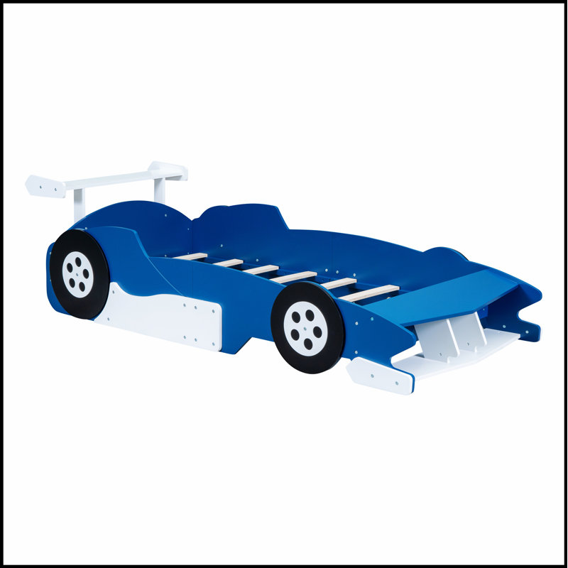 Lit plateforme en forme de voiture de course avec roulettes, durable et amusant pour les chambres d'enfants et les chambres à thème.