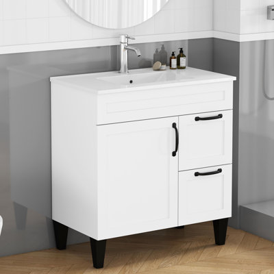 Meuble-lavabo de 80 cm avec lavabo, design blanc, poignée en métal noir, pattes, lavabo en céramique, rangement pratique pour salles de bain de taille moyenne, meuble-lavabo, armoire, mise à niveau élégante
