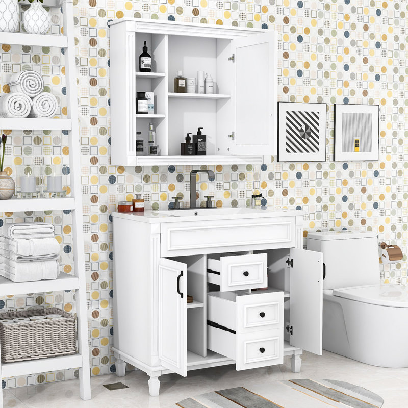 Meuble-lavabo simple autoportant moderne avec armoire à miroir et rangement spacieux Dianely, Blanc