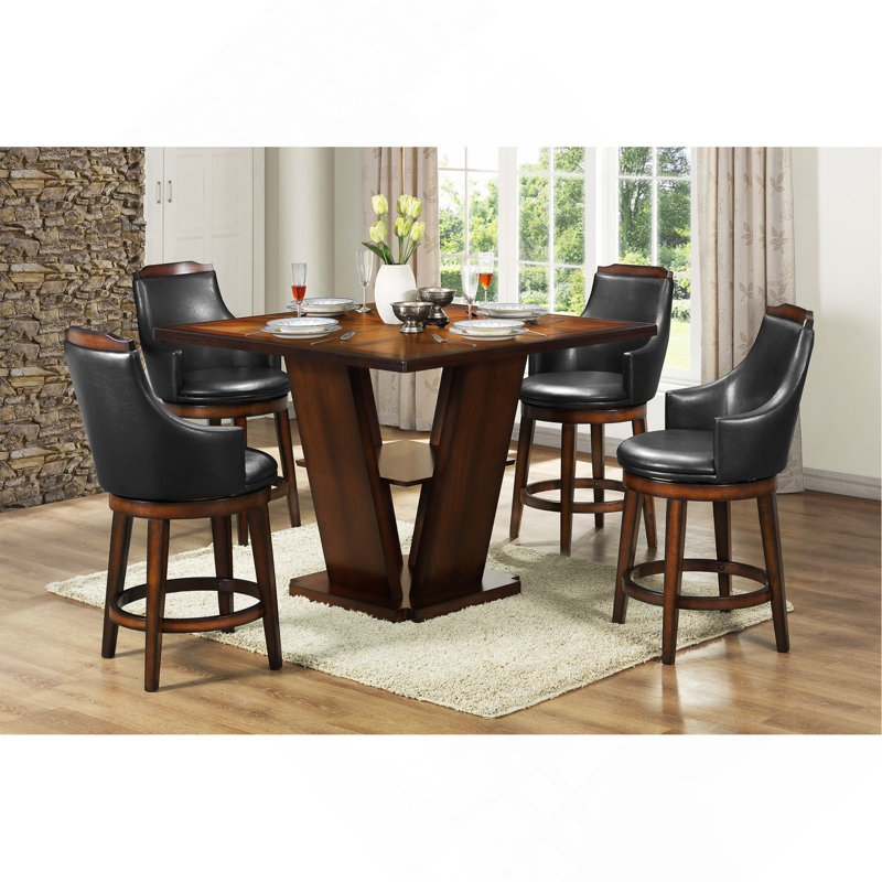 Swivel Counter Height Chairs Set Of 2, Dark Brown Faux Leather Upholstered Wooden Dining Furniture