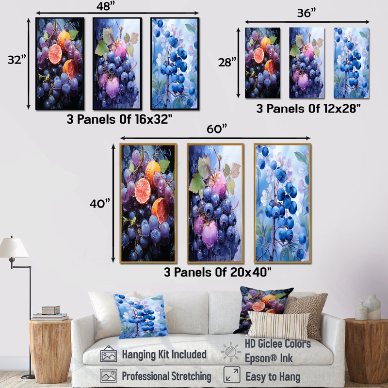 Ballet Blueberry Fruit Serenade I - Ensemble de 3 décorations murales fruits, Cadre flottant doré, H 28 po x l 36 po