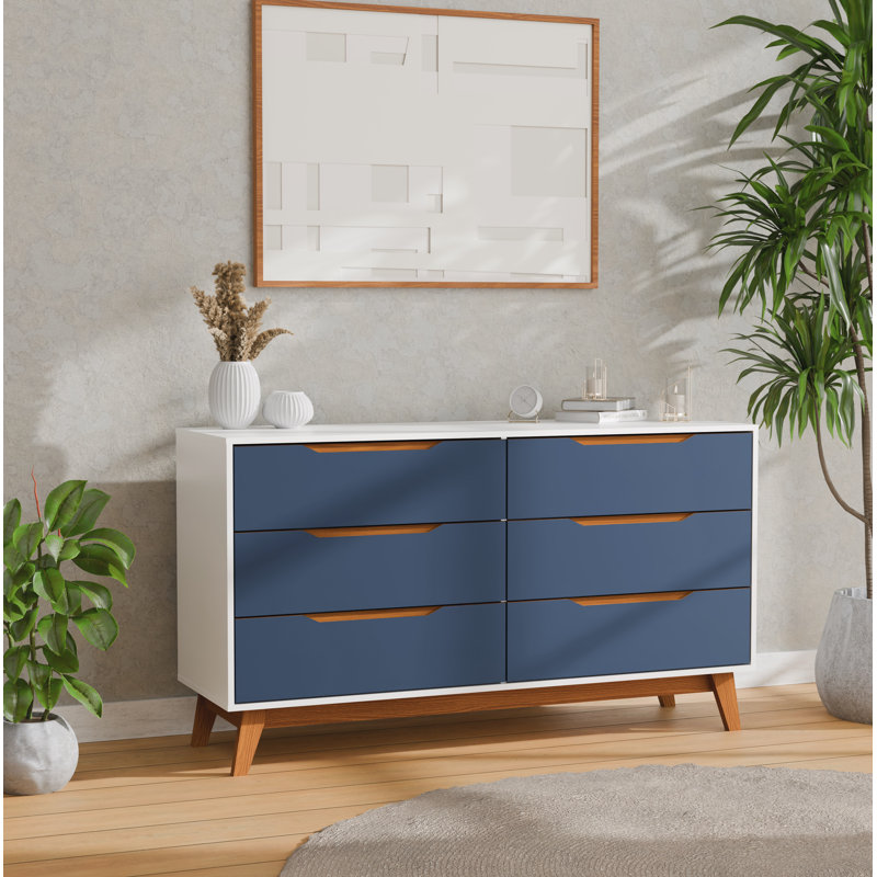 Commode 6 tiroirs Rio avec poignées intégrées et base en bois, Blanc / Bleu
